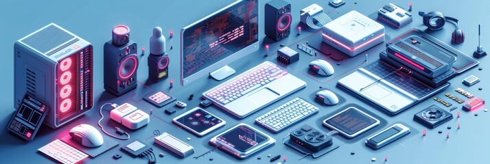 Creative banner for computer service with isometric tech icons
