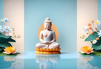 Happy Vesak day,An exquisite Buddhist temple with a magnificent, lotus-enthroned Buddha statue crafted from polished stone, set against a backdrop of vibrant background 3D