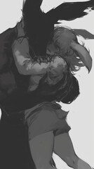 creepy illustration of a bunny woman running to a wolf man for comfort. dramatic fairy tale horror romance