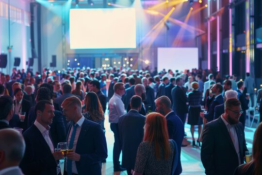 Business conference: networking professionals discussing new ideas.