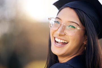 Portrait, smile and girl with graduation, student and university with success, excited or...