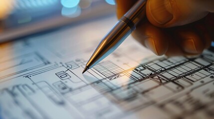 A person is seen drawing lines and annotations on a blueprint using a pen, focusing on details and precision