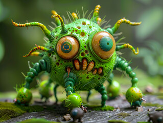 A green monster with big eyes and a mouth.