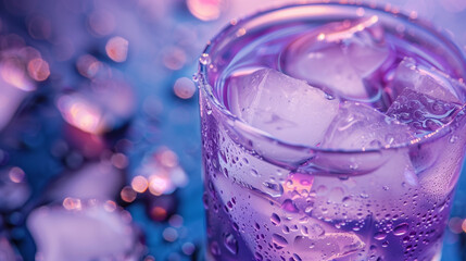 Violet and purple cocktail close up with ice cubes and water drops