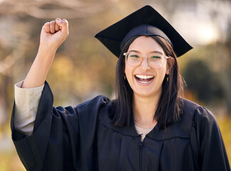 Success, college portrait and woman for graduation with celebration, scholarship and milestone for...