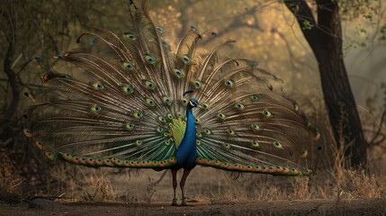 Obraz premium A peacock displaying its feathers in Indiaâ€™s Ranthambore National Park.