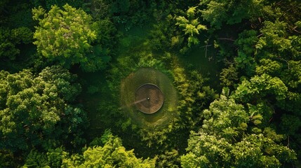  Aerial view of a disc golf basket on a lush course, game in play .