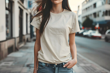 Young model girl shirt mockup, wearing cream color t-shirt, in the middle of the street at daylight