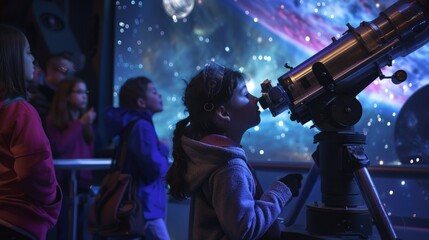  AI-guided stargazing, families at a night event, educational, interactive.