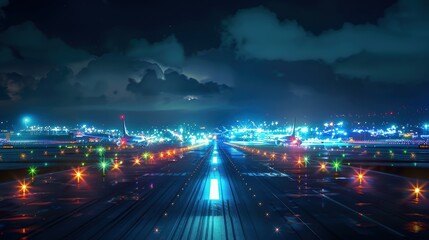 Fototapeta na wymiar Airport runway at night, planes taking off under bright lights â€“ Night departures.