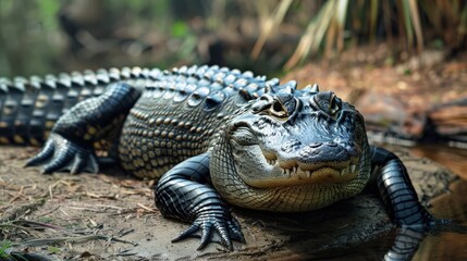 Obraz premium American alligator basking, iconic reptile, powerful presence.