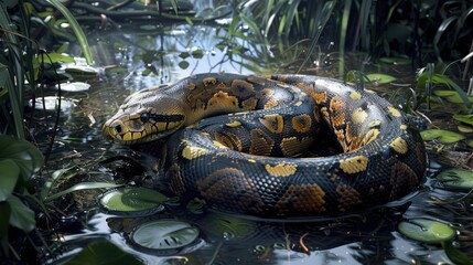  Anaconda coiled in Amazon swamp, lurking, suspenseful.