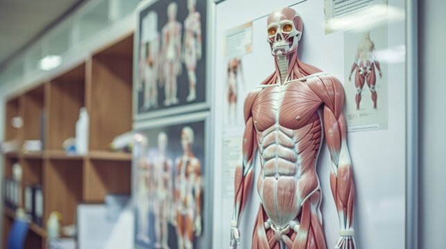  Anatomical chart of the human muscular system hanging in a medical office for patient education.