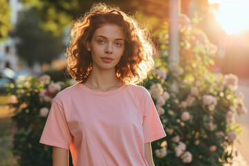 Young model girl shirt mockup, wearing cream color t-shirt, in the middle of the street at afternoon