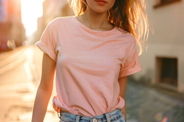 Young model girl shirt mockup, wearing cream color t-shirt, in the middle of the street at afternoon, no face
