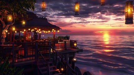 Obraz premium Beachside seafood restaurant at dusk, cozy, romantic, lanterns lighting, ocean breeze.