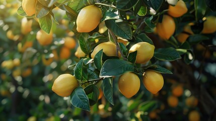  Bright yellow lemon tree, heavy with fruit.