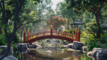  Bridge with a zen garden at its center, tranquil break â€“ Meditative spot. - Powered by Adobe