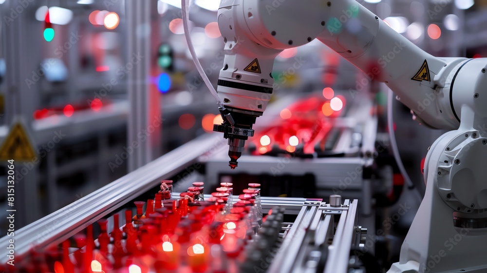 Poster automated efficiency a robotic arm swiftly assembling a product with pinpoint precision