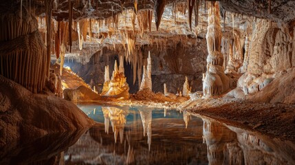  Caving in the caves of Slovenia, underground rivers, stalactites and stalagmites, dark exploration.