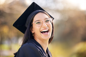 Woman, outdoor portrait and excited for graduation with celebration, scholarship and support for...