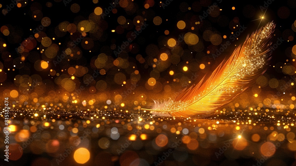 Aufkleber   A close-up of a feather on a shiny surface, with a bokeh of lights in the background