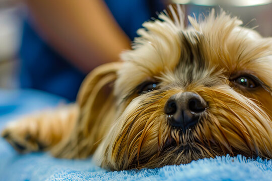 A dog laying on a towel.