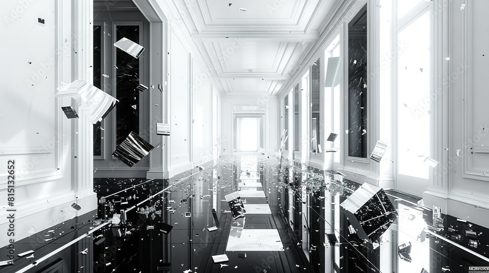 Poster a black-and-white image of a hall with confetti cascading from windows and ceiling