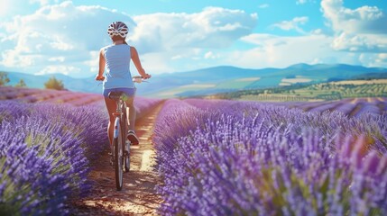  Cycling through lavender fields, vibrant purple, summer day.