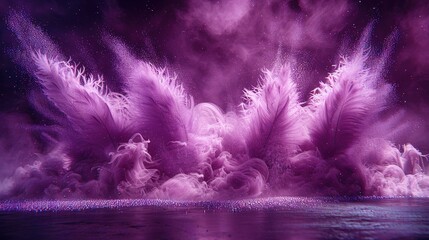   A cluster of vibrant purple plumage glides over a tranquil water expanse against a backdrop of deep magenta and ebony