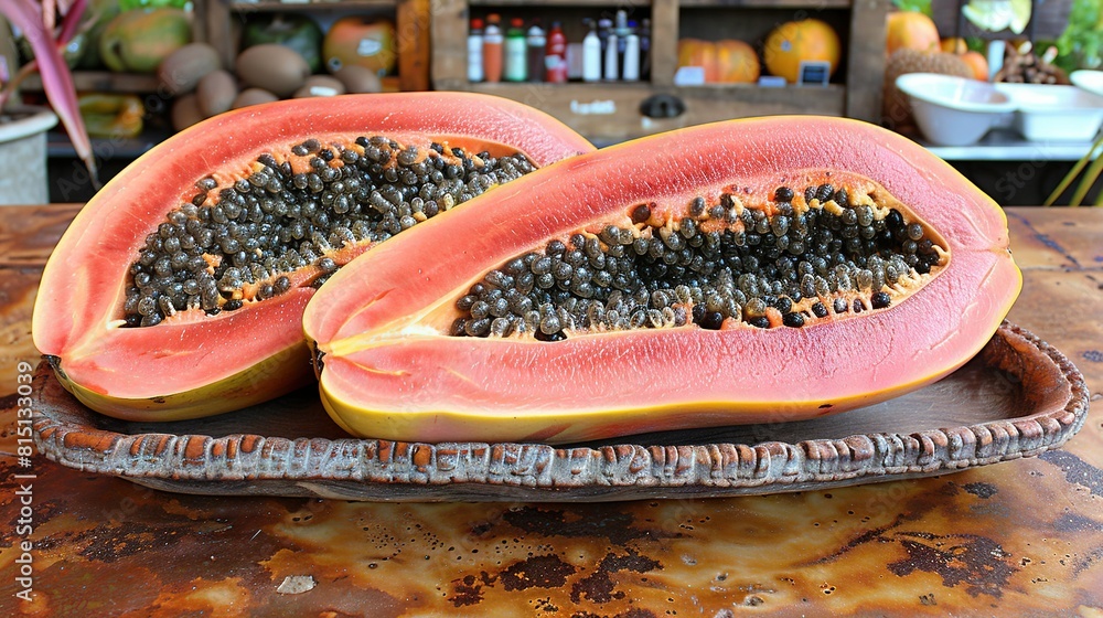 Aufkleber a close-up of a papaya on a plate on a table with a shelf in the back and a bowl of fruit in the for
