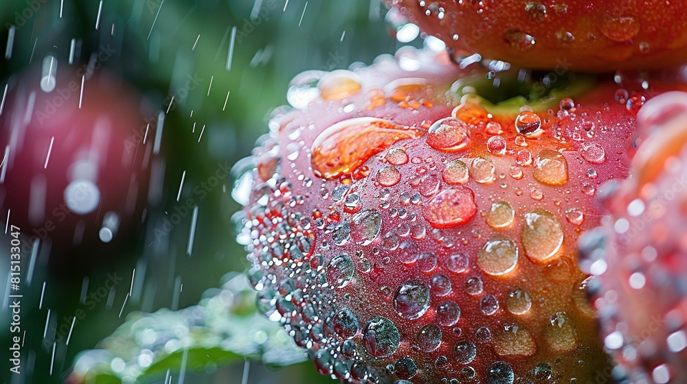 Poster a close-up of a red apple with water droplets and a green leaf in the foreground is optimized text