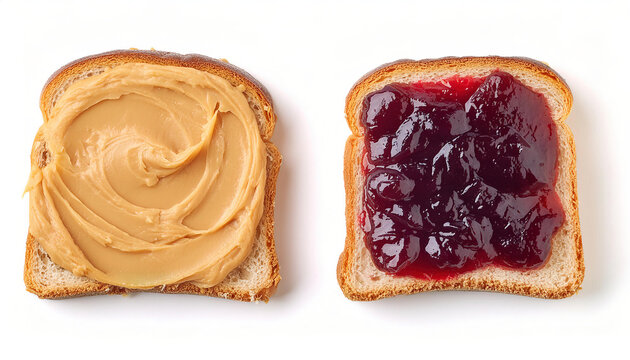 Peanut butter and jelly sandwich on bread or toast isolated on white background. Breakfast or lunch snack. Vegetarian food. American cuisine top view of two halves un cut with spread and jam on both