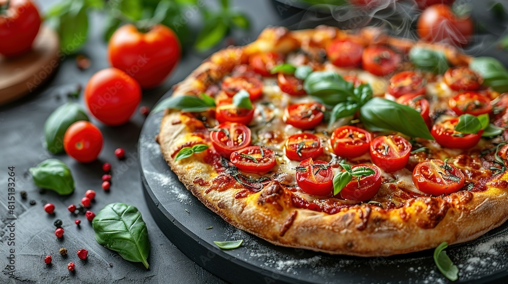 Poster a close-up of a pizza on a plate, surrounded by tomatoes and basil, resting on a table with more tom