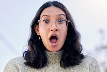 Woman, portrait and surprised of shocked for gossip, announcement and expression in nature. Emotion, face and wow or wtf emoji for female person, glasses and mind blown and amazed for secret or omg