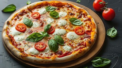   Wooden platter - Pizza topped with juicy tomatoes, creamy mozzarella, fresh basil, and melted mozzarella cheese