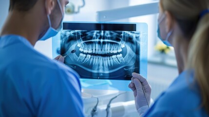  Doctor reviewing a panoramic dental X-ray while discussing treatment options with a patient.