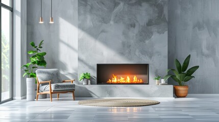 Fototapeta premium Minimalist living room with a contemporary floating fireplace as the stylish focal point