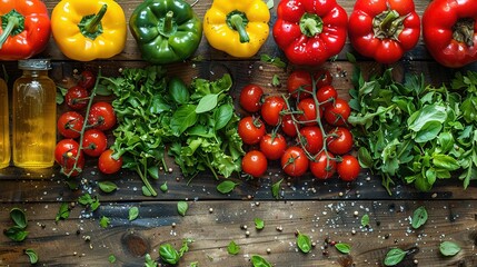   A wooden table laden with an array of diverse vegetables alongside olives, tomatoes, peppers, and other veggies