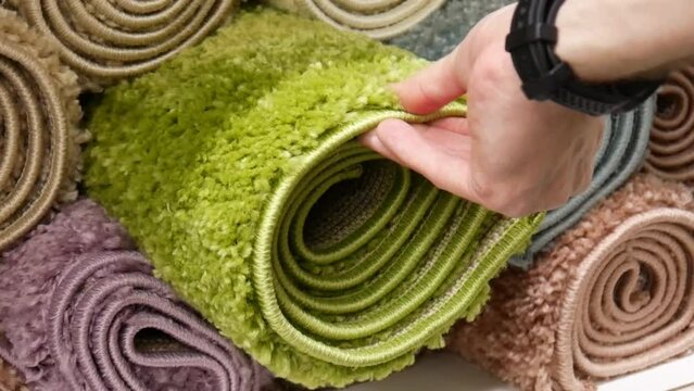 Close-up of many colorful rolled carpets and a male hand tries one on the touch