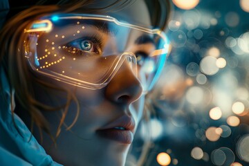 Naklejka premium A young woman wearing augmented reality glasses looks thoughtfully into the distance, perhaps gazing at a digitally-enhanced view of the world around her.