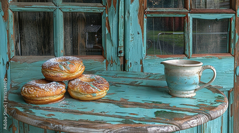 Wall mural two doughnuts resting atop a table alongside a cup of coffee and a window