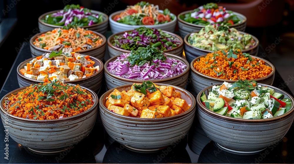 Poster a bowl-filled table with an array of diverse salads and vegetables