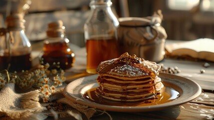  Gluten-free morning, buckwheat pancakes, natural syrup, rustic breakfast.