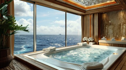  Health-focused cruise in the Caribbean, onboard spas, wellness activities, ocean calm.