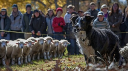  Herding dog demonstration at a farm, skilled control over sheep, impressed spectators.