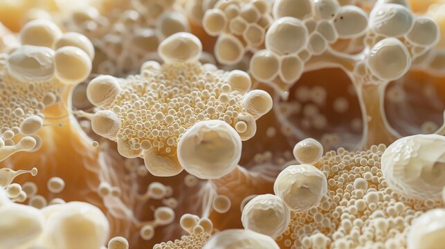  High magnification image of yeast cells fermenting, important for both brewing and biofuel industries.