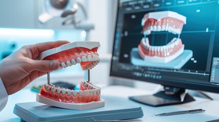  Orthodontist adjusting digital models of dental braces in a 3D software program.