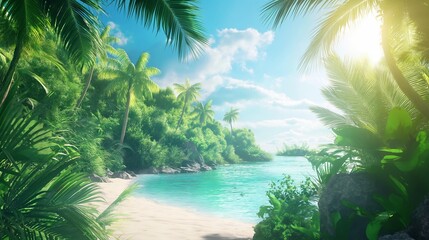 The sun shines through the leaves of the palm trees on to the beach with white sand and turquoise water.