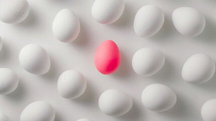 A pink egg is surrounded by white eggs.